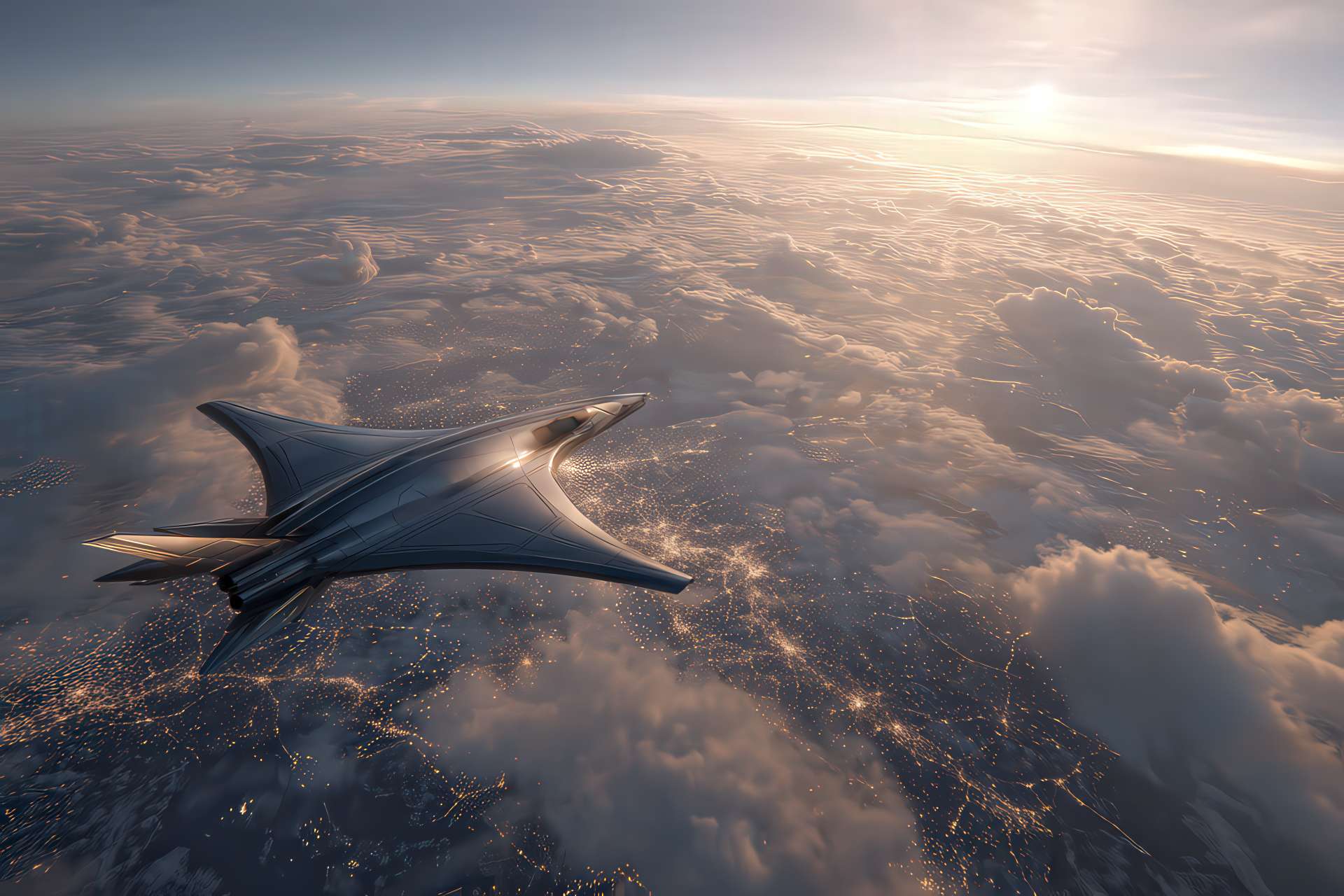 Veicolo aerospaziale futuristico in volo sopra la Terra all’alba, con scie luminose e connessioni globali