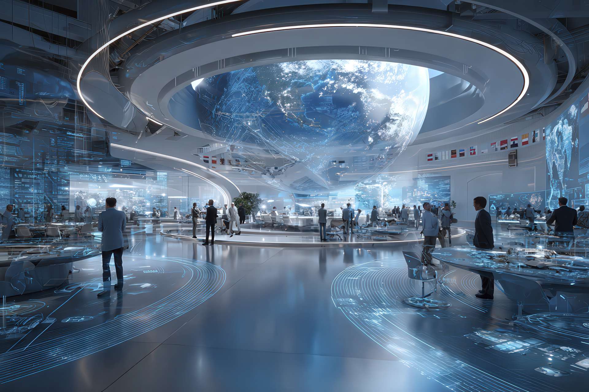 Professionisti internazionali in un hub aerospaziale tecnologico con tavoli digitali e mappa globale olografica