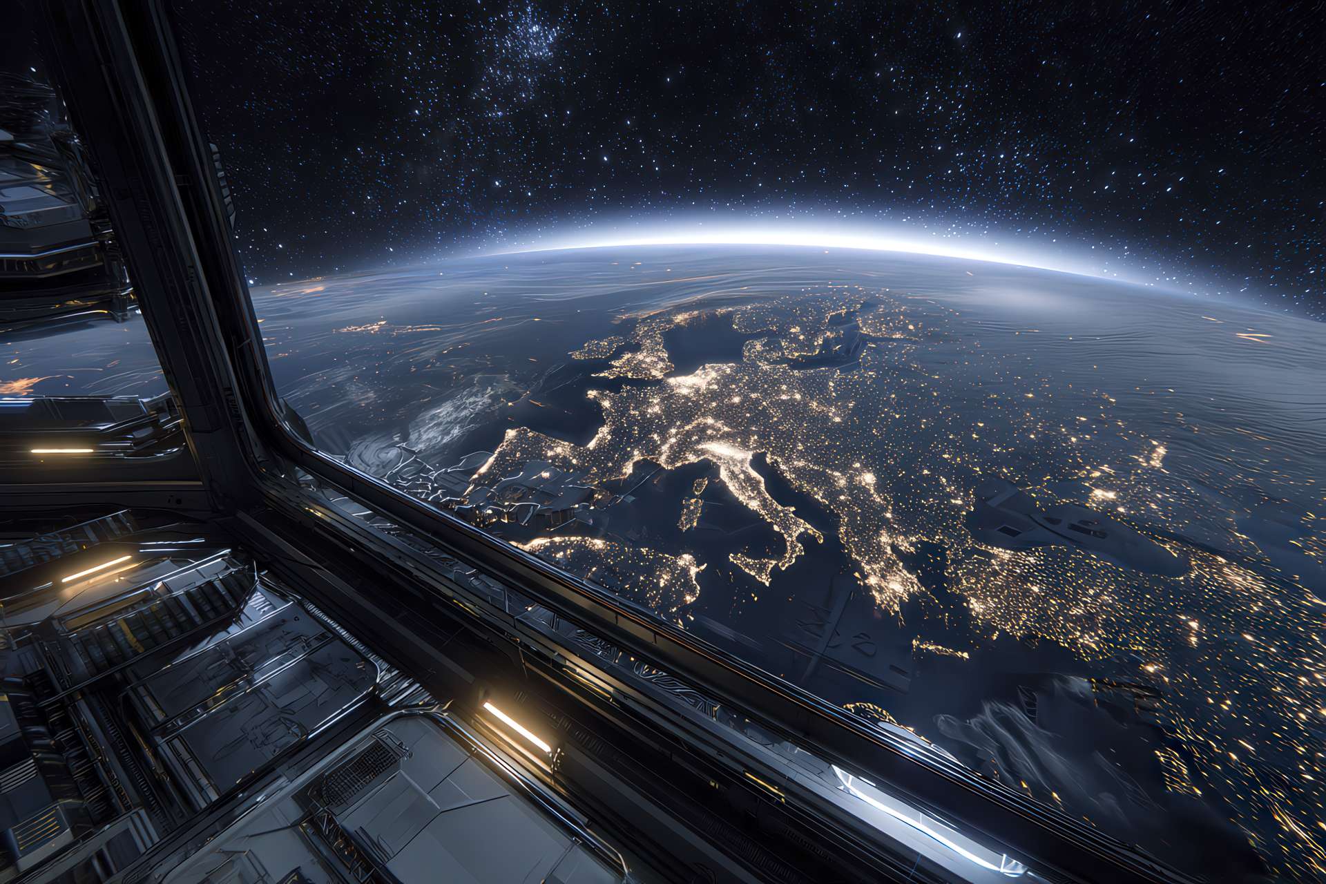 Vista iperrealistica della Terra di notte dallo spazio, con una stazione orbitale e connessioni luminose tra Africa ed Europa